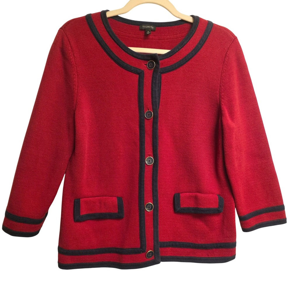 TALBOTS M Red Knit Cardigan Navy Contrast Trim Preppy‎ Classic Parisian Sweater